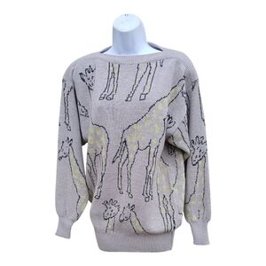 Vintage 80s 90s Giraffe Knit Sweater Gray & Yellow Eclectic Grandpa Aesthetic M